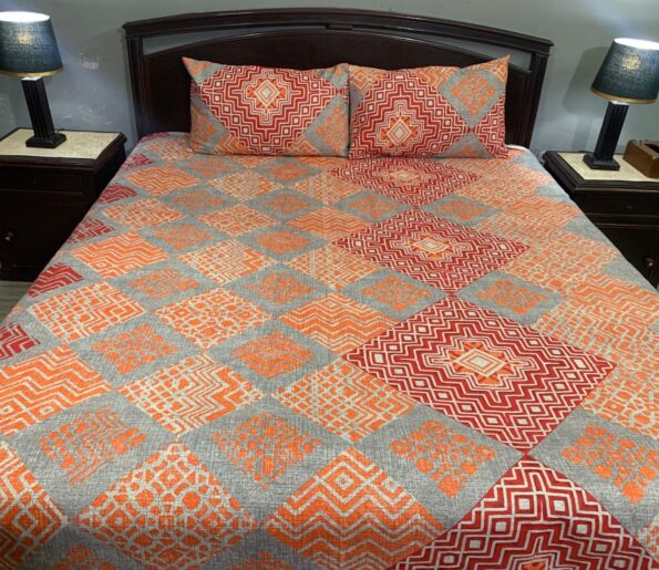 3 PCS Jeans Bed Sheet - Orange Red Grey Printed