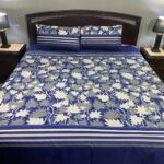 3 PCS Jeans Bed Sheet – Blue Grey White Flowers Printed