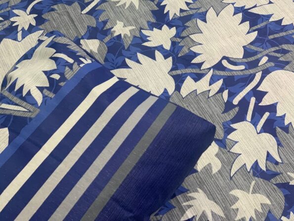 3 PCS Jeans Bed Sheet – Blue Grey White Flowers Printed