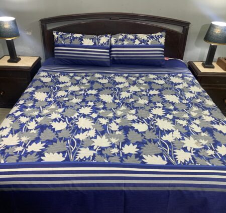 3 PCS Jeans Bed Sheet – Blue Grey White Flowers Printed