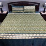 3 PCS Jeans Bed Sheet – Green Blue Lining Printed