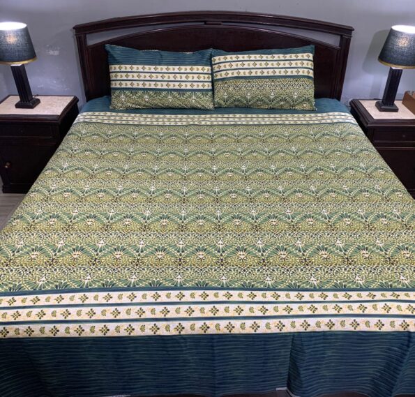 3 PCS Jeans Bed Sheet – Green Blue Lining Printed