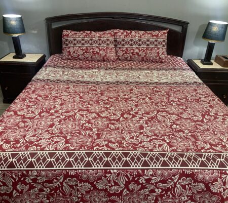 3 PCS Jeans Bed Sheet – Maroon White Flower Printed