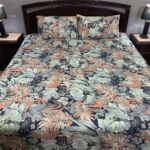 3 PCS Jeans Bed Sheet – Multi Color Big Leaf Printed