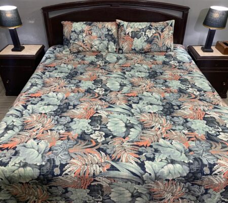 3 PCS Jeans Bed Sheet – Multi Color Big Leaf Printed