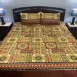 3 PCS Jeans Bed Sheet – Yellow Maroon Box Printed