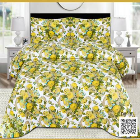 3 PCS Jeans Bed Sheet – White Yellow Flowers Self Printed