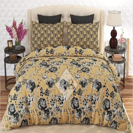 Black White Flowers Yellow Printed Bed Sheet With 2 Pillow Covers