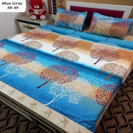 Blue Brown Tree Printed Sheet With 2 Pillow Covers – 3 PCS