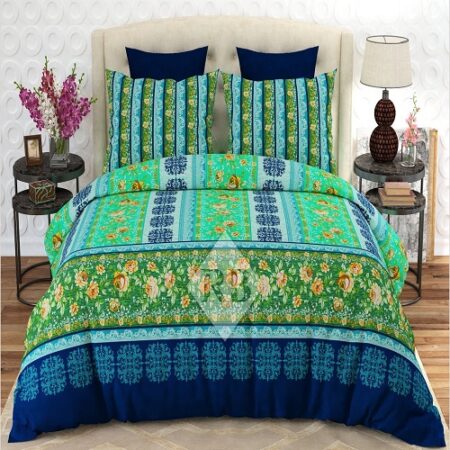 Blue Green Ferozy Printed Bed Sheet With 2 Pillow Covers