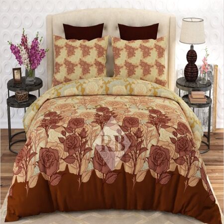 Brown Border and Flowers Printed Bed Sheet With 2 Pillow Covers