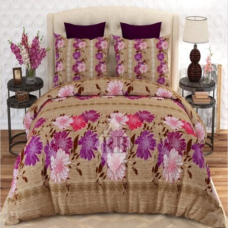 Brown and Purple Flowers Printed Bed Sheet With 2 Pillow Covers