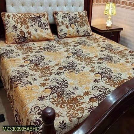 Lining Brown Mustard Printed Bed Sheet With 2 Pillow Covers – 3 PCS