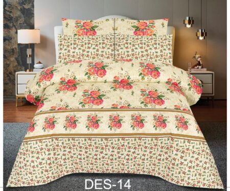 Off White Pink Flowers Printed Bed Sheet With 2 Pillow Covers