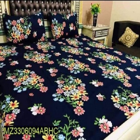 Blue Colorful Flowers Printed Sheet With 2 Pillow Cover