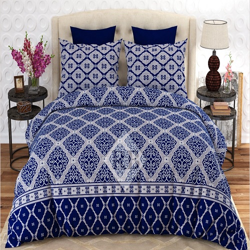 Blue White Lining Printed Bed Sheet With 2 Pillow Covers
