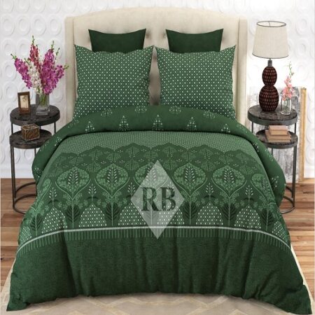 Dark Green Printed Bed Sheet With 2 Pillow Covers