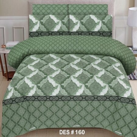 Dark Green White Printed Bed Sheet With 2 Pillow Covers