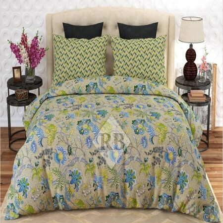 Green Ferozy Flowers Printed Bed Sheet With 2 Pillow Covers