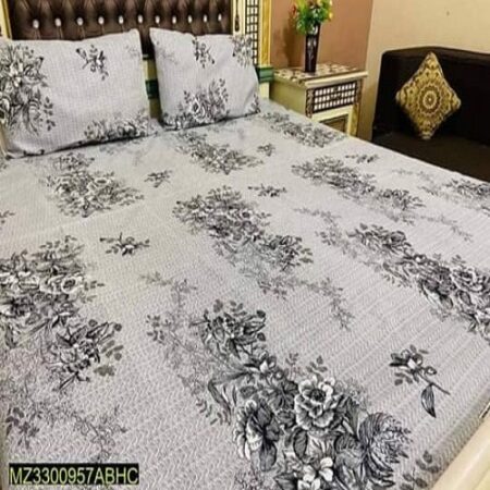 Grey Black Printed Sheet With 2 Pillow Cover