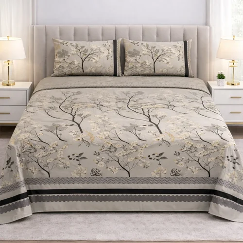 Grey Cream Colours Printed Bed Sheet With 2 Pillow Covers Grey Cream Colours Printed Bed Sheet With 2 Pillow Covers