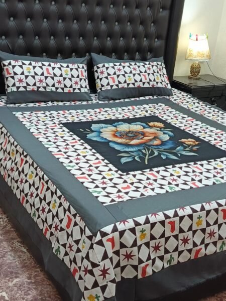 Printed Patchwork Embroidered Bed Sheet GN Design (90)