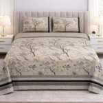 Grey Cream Colours Printed Bed Sheet With 2 Pillow Covers