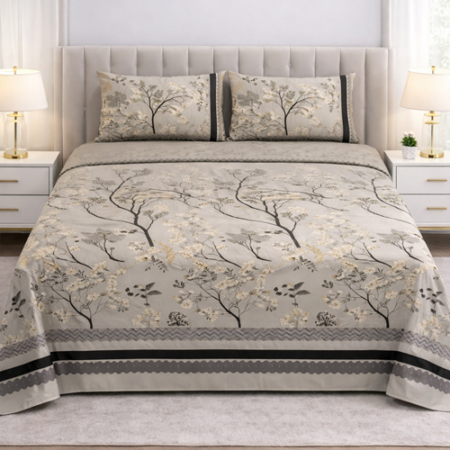 Grey Cream Colours Printed Bed Sheet With 2 Pillow Covers