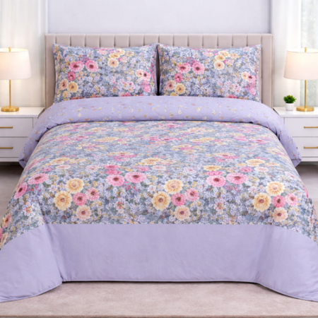 Grey Red Flowers Colours Printed Bed Sheet With 2 Pillow Covers