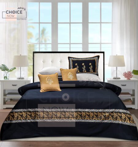 Black Golden Silk Satin Bridal Bed Set with Block Printing