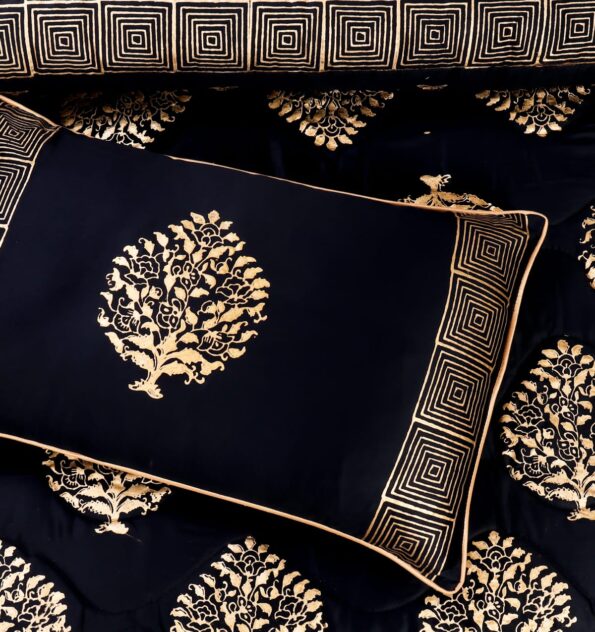 Black Golden Silk Satin Bridal Bed Set with Block Printing