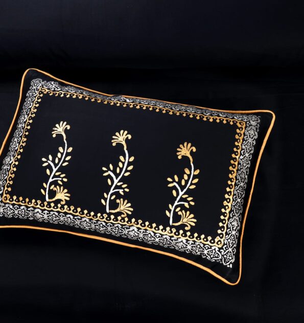 Black Golden Silk Satin Bridal Bed Set with Block Printing