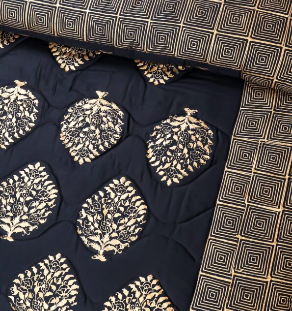Black Golden Silk Satin Bridal Bed Set with Block Printing