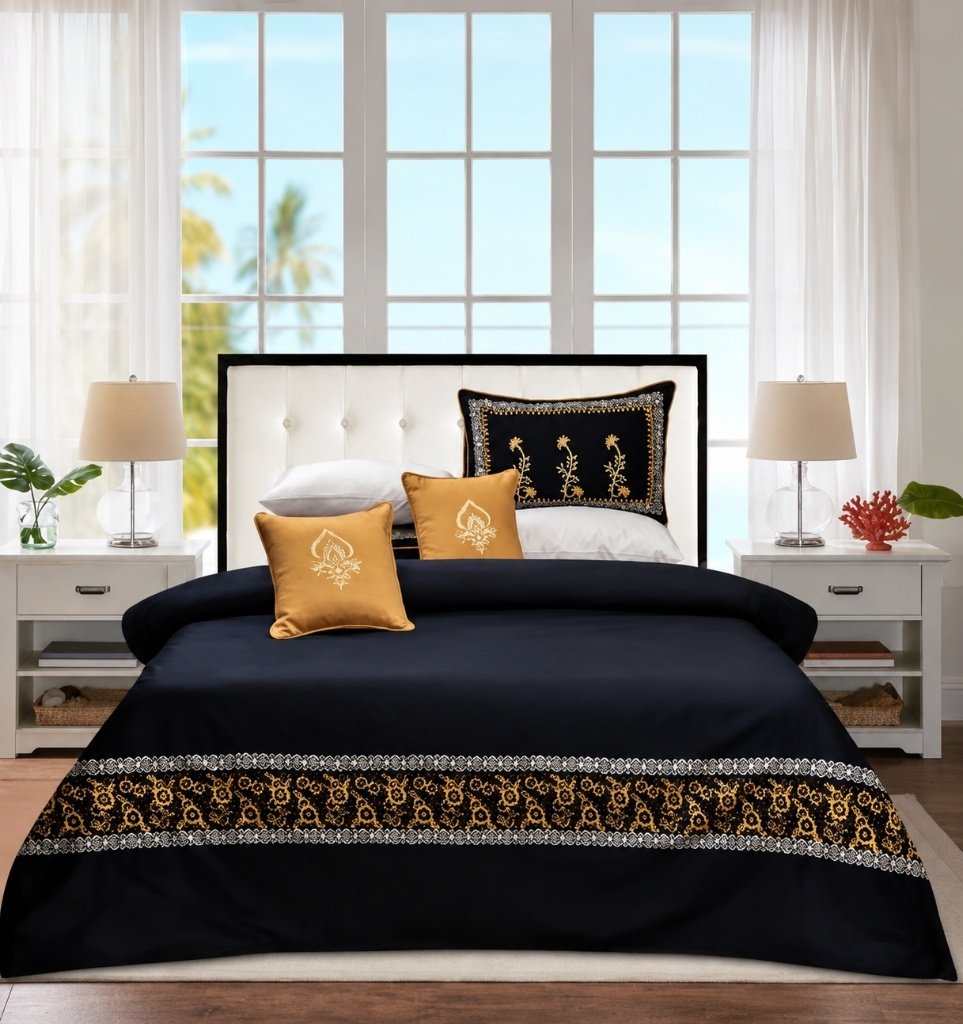 Black Golden Silk Satin Bridal Bed Set with Block Printing Black Golden Silk Satin Bridal Bed Set with Block Printing