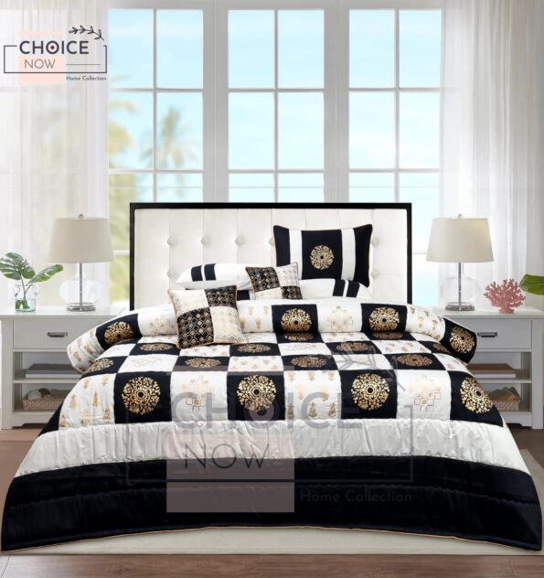 Black White Silk Satin Bridal Bed Set with Block Printing