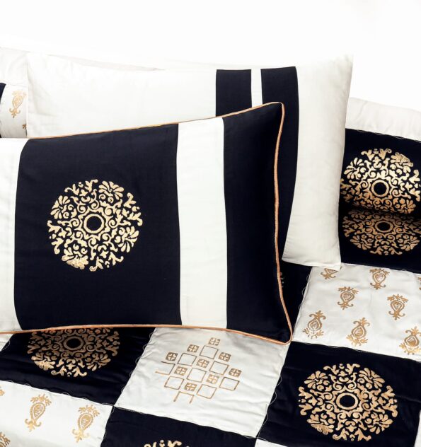 Black White Silk Satin Bridal Bed Set with Block Printing