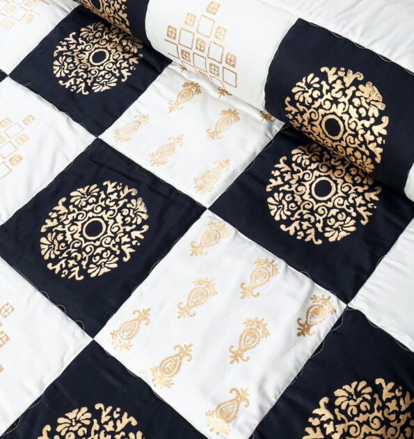 Black White Silk Satin Bridal Bed Set with Block Printing