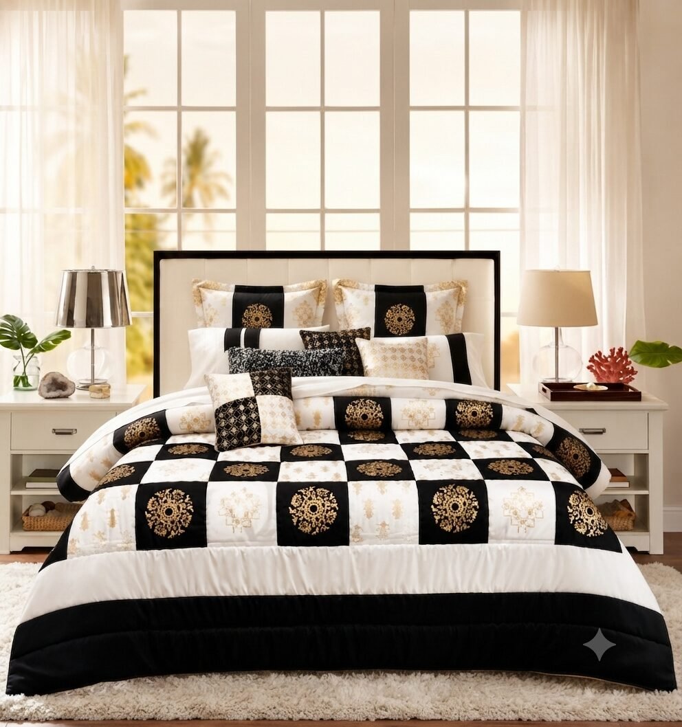 Black White Silk Satin Bridal Bed Set with Block Printing Black White Silk Satin Bridal Bed Set with Block Printing