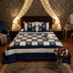Blue White Golden Lining Silk Satin Bridal Bed Set with Block Printing