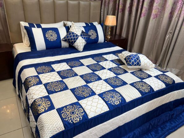 Blue White Golden Lining Silk Satin Bridal Bed Set with Block Printing