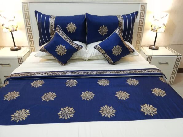 Blue White Silk Satin Bridal Bed Set with Block Printing
