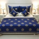 Blue White Silk Satin Bridal Bed Set with Block Printing