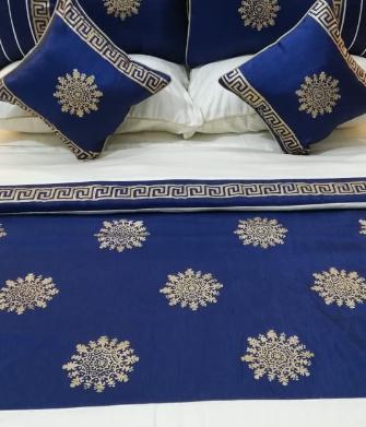 Blue White Silk Satin Bridal Bed Set with Block Printing