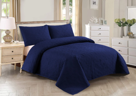 Dark Blue Embossed Quilted Bedspread Set – 3 Pcs