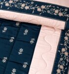 Gold Blue Silk Satin Bridal Bed Set with Block Printing (1)