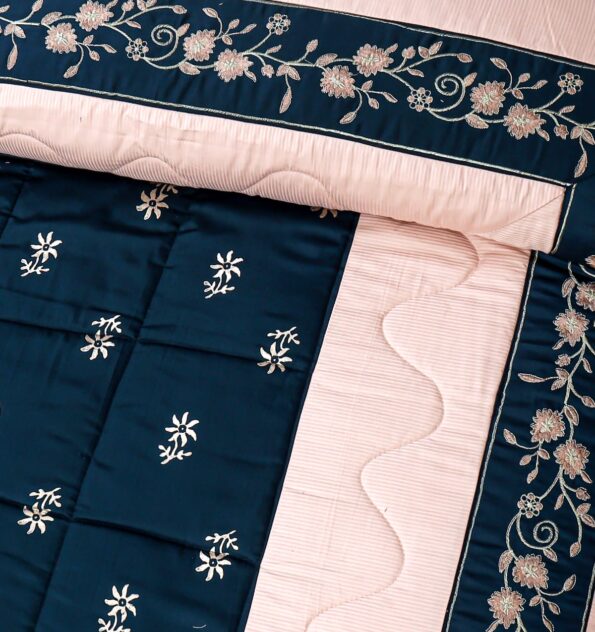 Gold Blue Silk Satin Bridal Bed Set with Block Printing