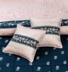 Gold Blue Silk Satin Bridal Bed Set with Block Printing (1)