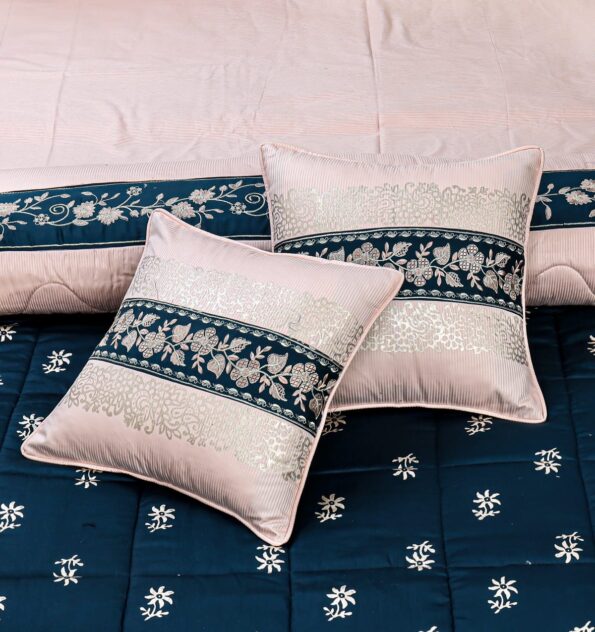 Gold Blue Silk Satin Bridal Bed Set with Block Printing