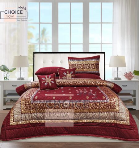 Maroon Golden Silk Satin Bridal Bed Set with Block Printing