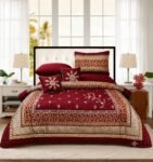 Maroon Golden Silk Satin Bridal Bed Set with Block Printing